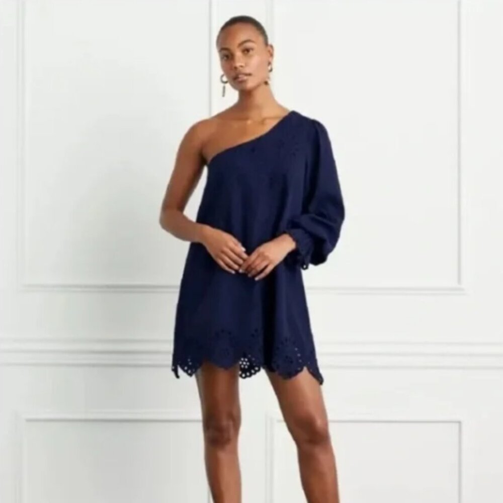 Hill House One-Shoulder Navy Eyelet Mini Dress